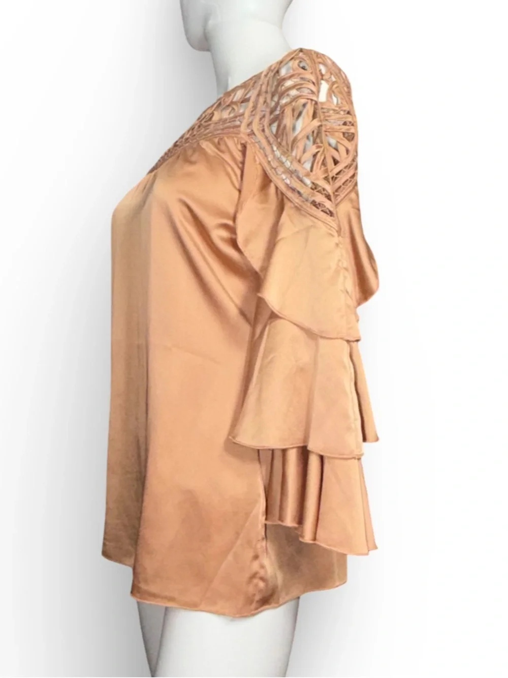 Boston Proper Champagne Satin Cold Shoulder Tiered Sleeve Blouse - Size 2